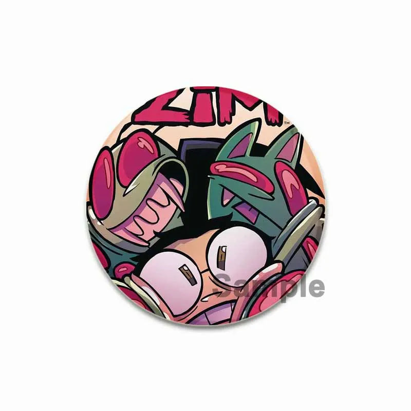 An enamel pin featuring a stylized, aggressive face design in pink and green tones.