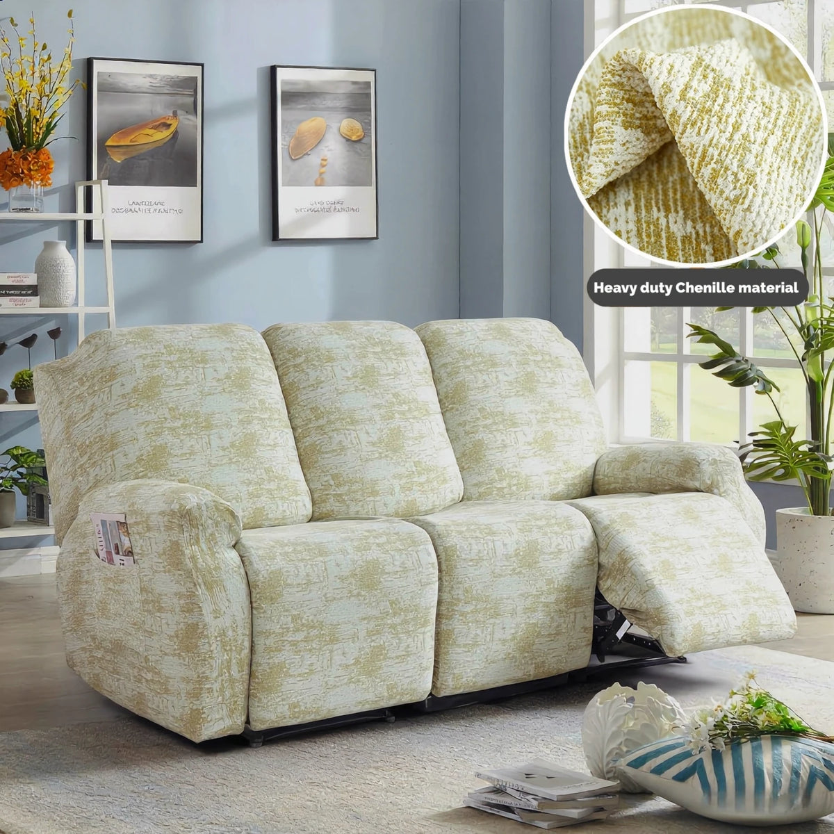 A beige heavy-duty chenille recliner sofa slipcover with a light green patterned fabric displayed indoors.