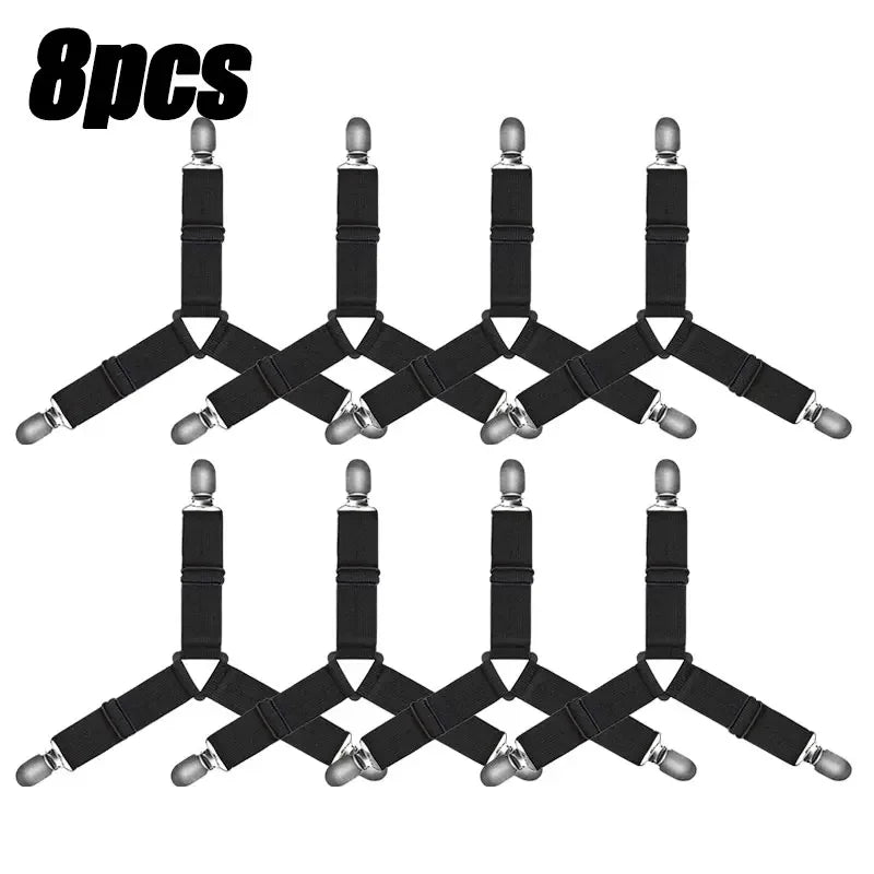 Eight adjustable bed sheet grippers with clips shown in a spread out arrangement.