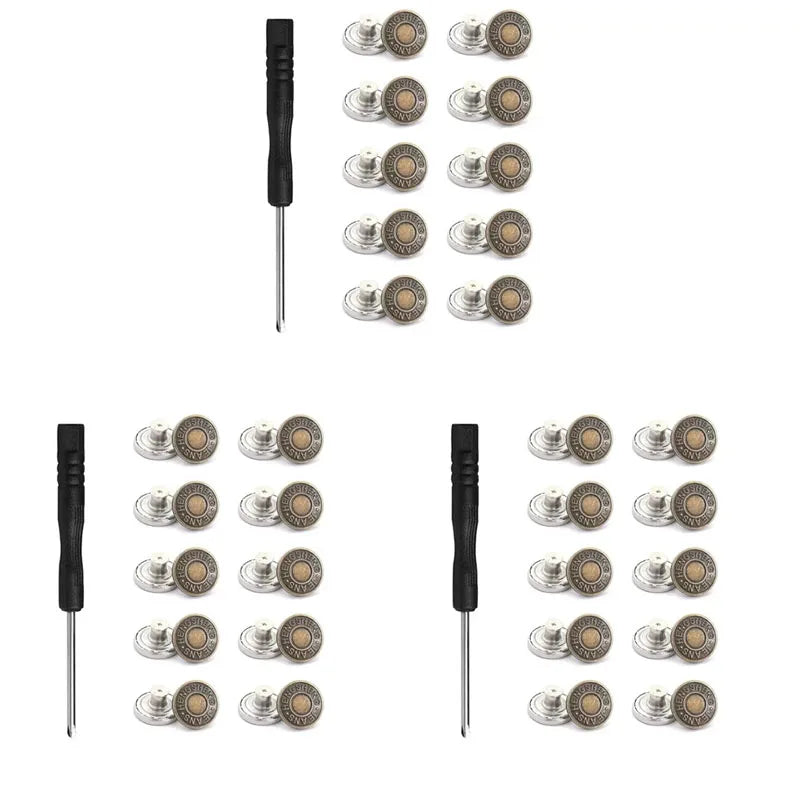 A set of 30 round metal jeans buttons for clothing, shown in various sizes and finishes.