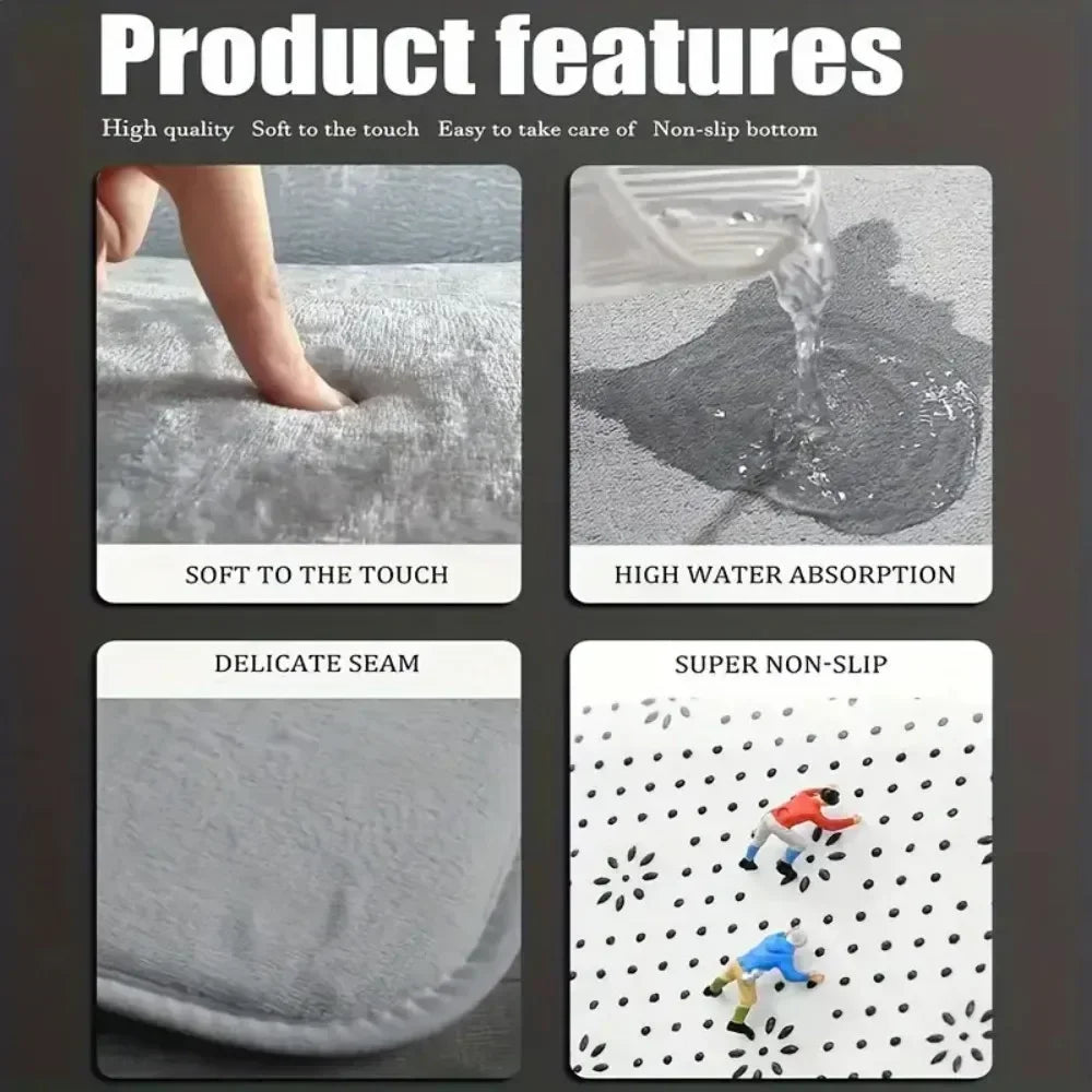 A gray anti-slip floor mat featuring soft texture, a delicate seam, and high water absorption.