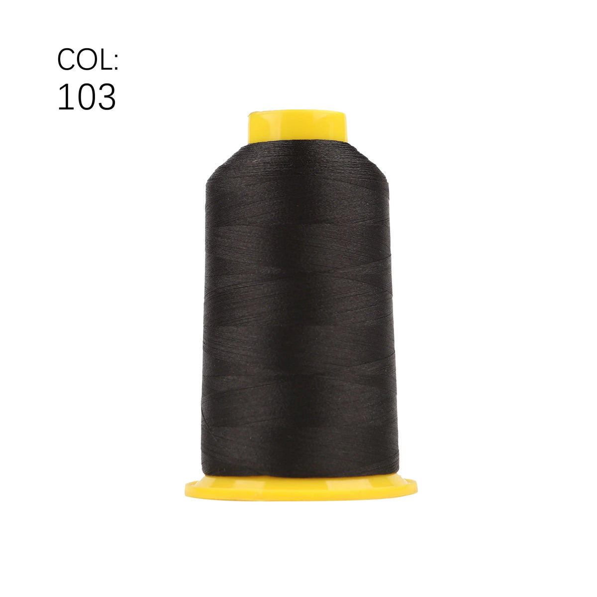 A spool of black high tenacity polyester embroidery thread with a yellow core.
