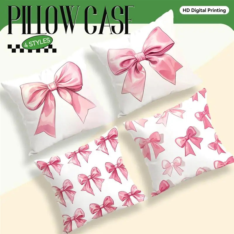 Four styles of pink bow pattern pillow cases featuring a delicate floral design.