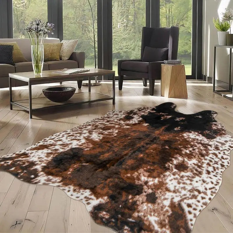 A brown and white faux animal skin rug is displayed on a light wood floor in a modern living space.