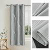 Gray blackout curtains featuring an elegant golden wave pattern hanging on a rod.