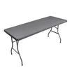 A gray waterproof rectangle tablecloth for a folding table is shown.