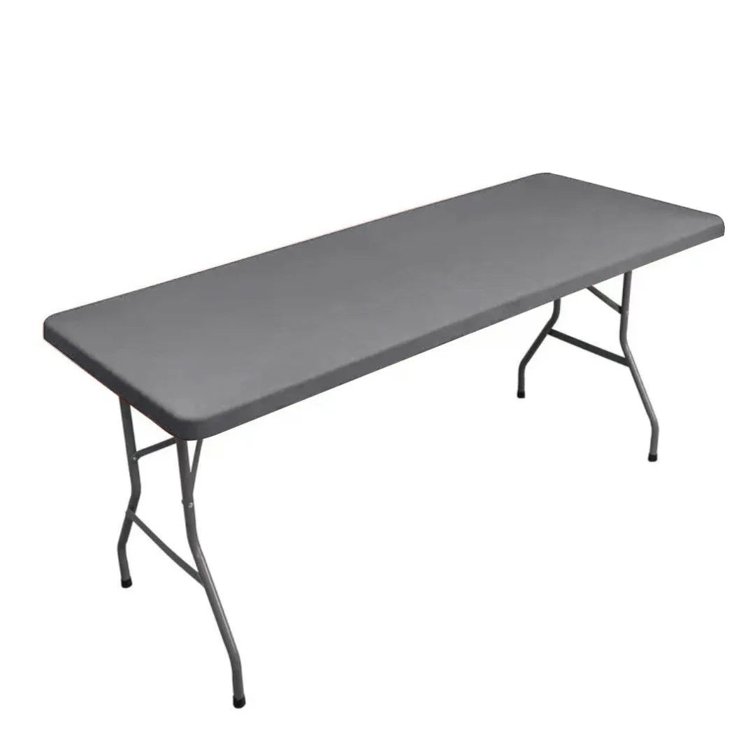 A gray waterproof rectangle tablecloth for a folding table is shown.
