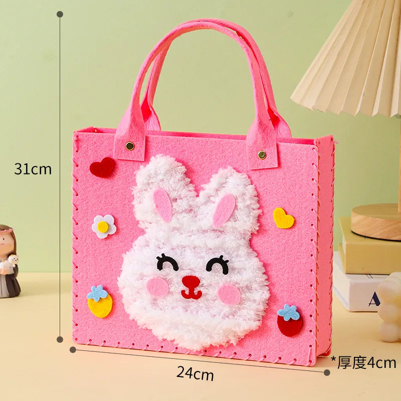 A pink felt bag featuring a white rabbit design with pink accents and stitching.