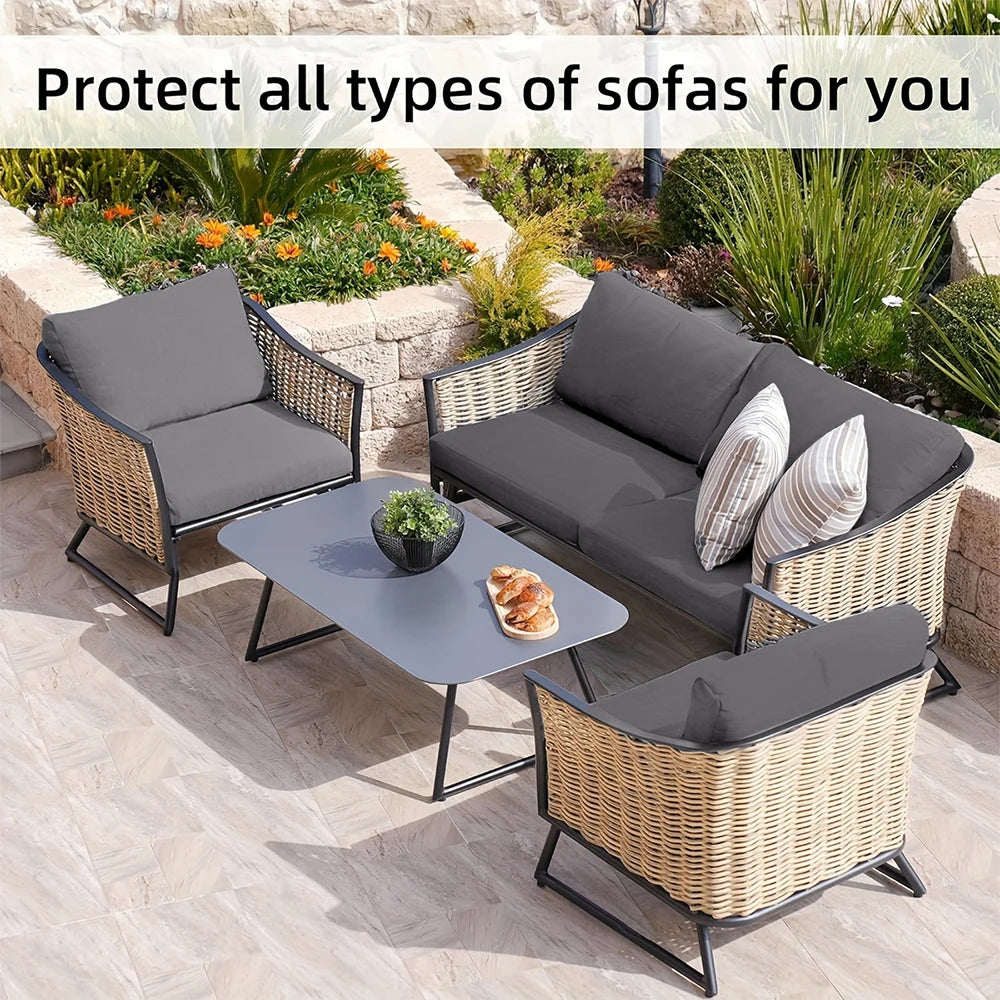Wicker patio sofa cushion and backrest covers protecting outdoor seating in a garden setting