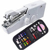 A white portable mini hand sewing machine with a hinged body and an open case containing various sewing tools.