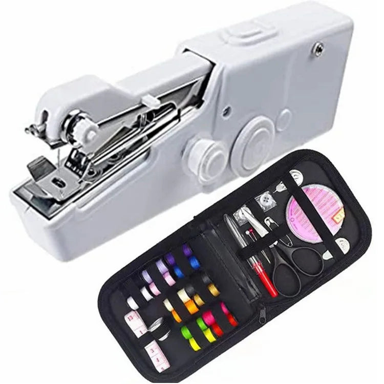 A white portable mini hand sewing machine with a hinged body and an open case containing various sewing tools.