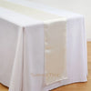 Elegant satin table runner draped across a white tablecloth.