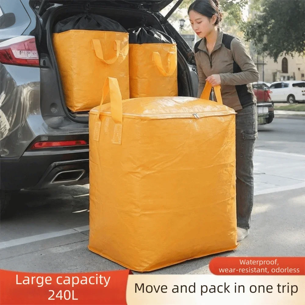 A woman is loading a large yellow waterproof storage sack into the trunk of a car for moving and packing.