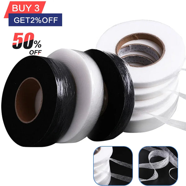 Rolls of double-sided interlining fabric tape in black and white, shown with a discount offer.