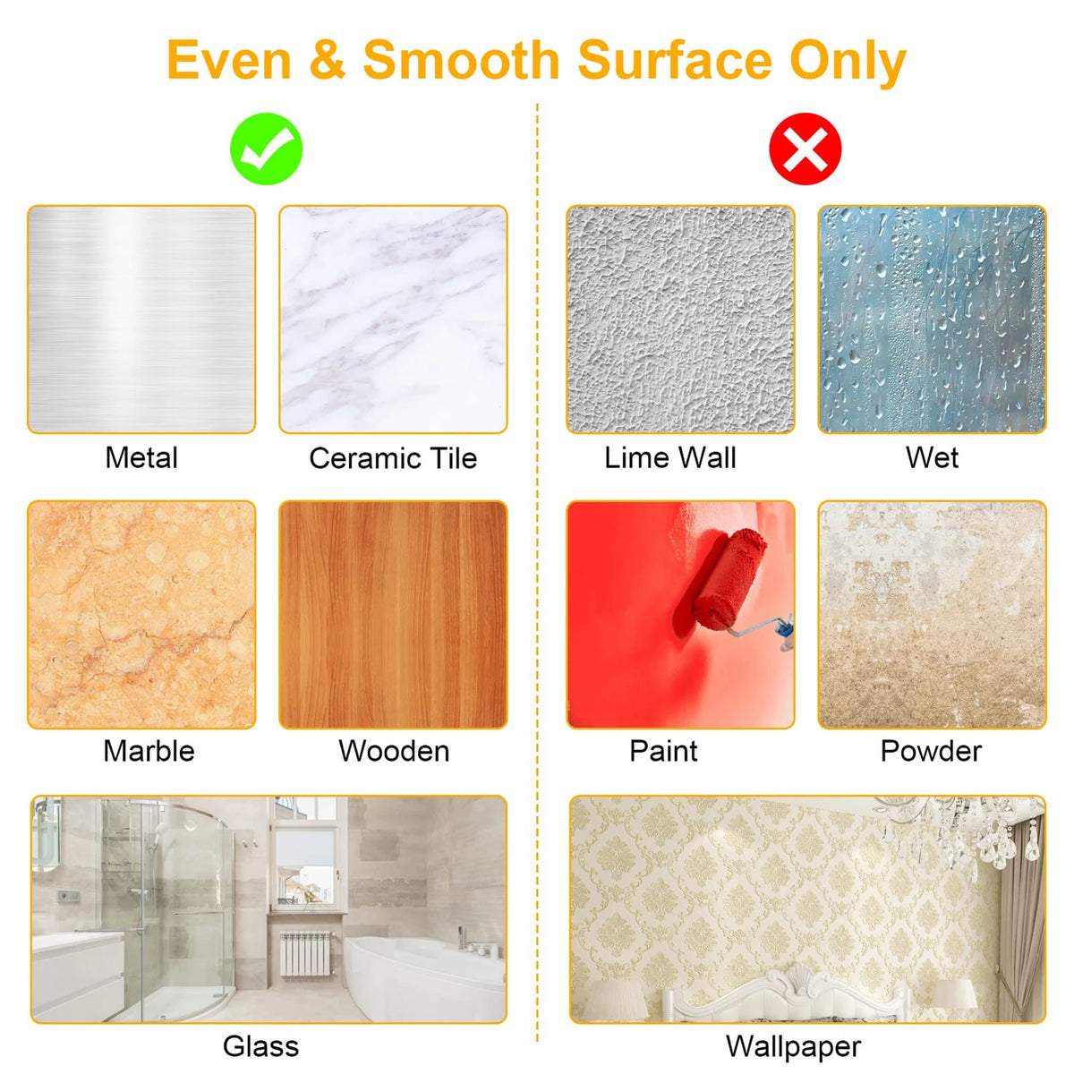 Comparison chart showing surfaces suitable for self-adhesive curtain rod clips including metal, ceramic tile, lime wall, wet,