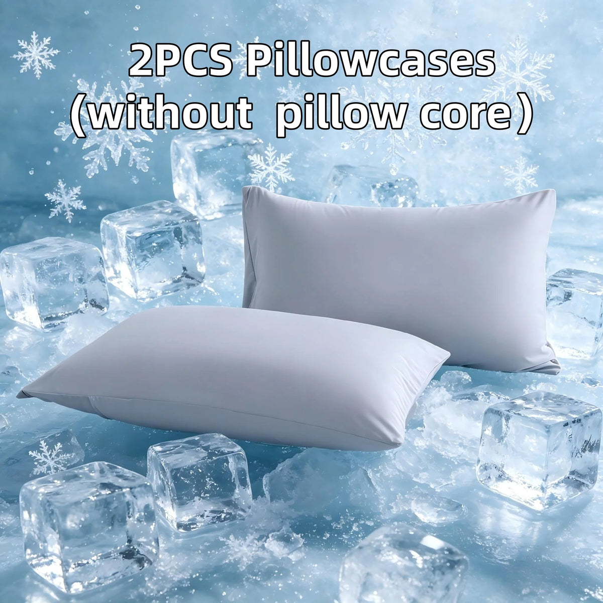 Two white pillowcases without a core resting on ice cubes.