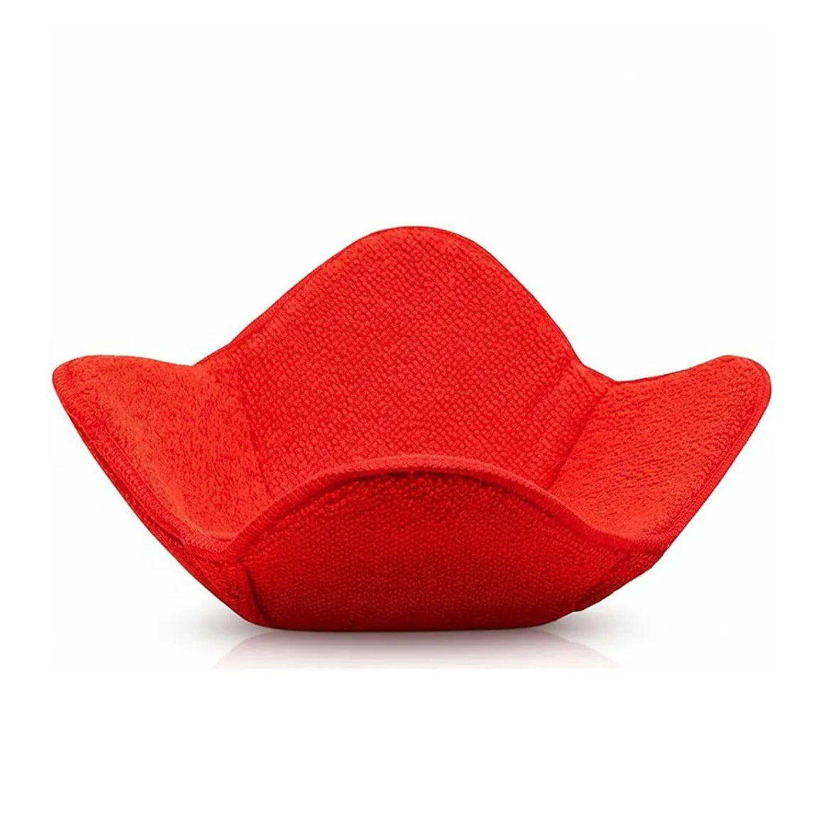 A bright red quilted microwave bowl cozy designed as a heat resistant insulated holder.