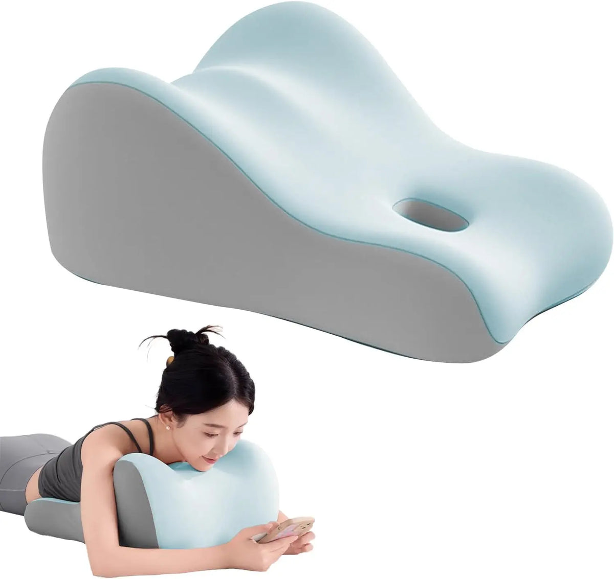 A light blue memory foam wedge pillow is shown next to a person using it for support.