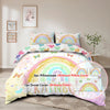 A set of butterfly and rainbow themed bedding including pillowcases and a duvet cover