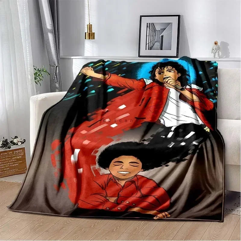 A blanket featuring a vibrant illustration of a person with dark curly hair wearing a red jacket and white shirt against a bl
