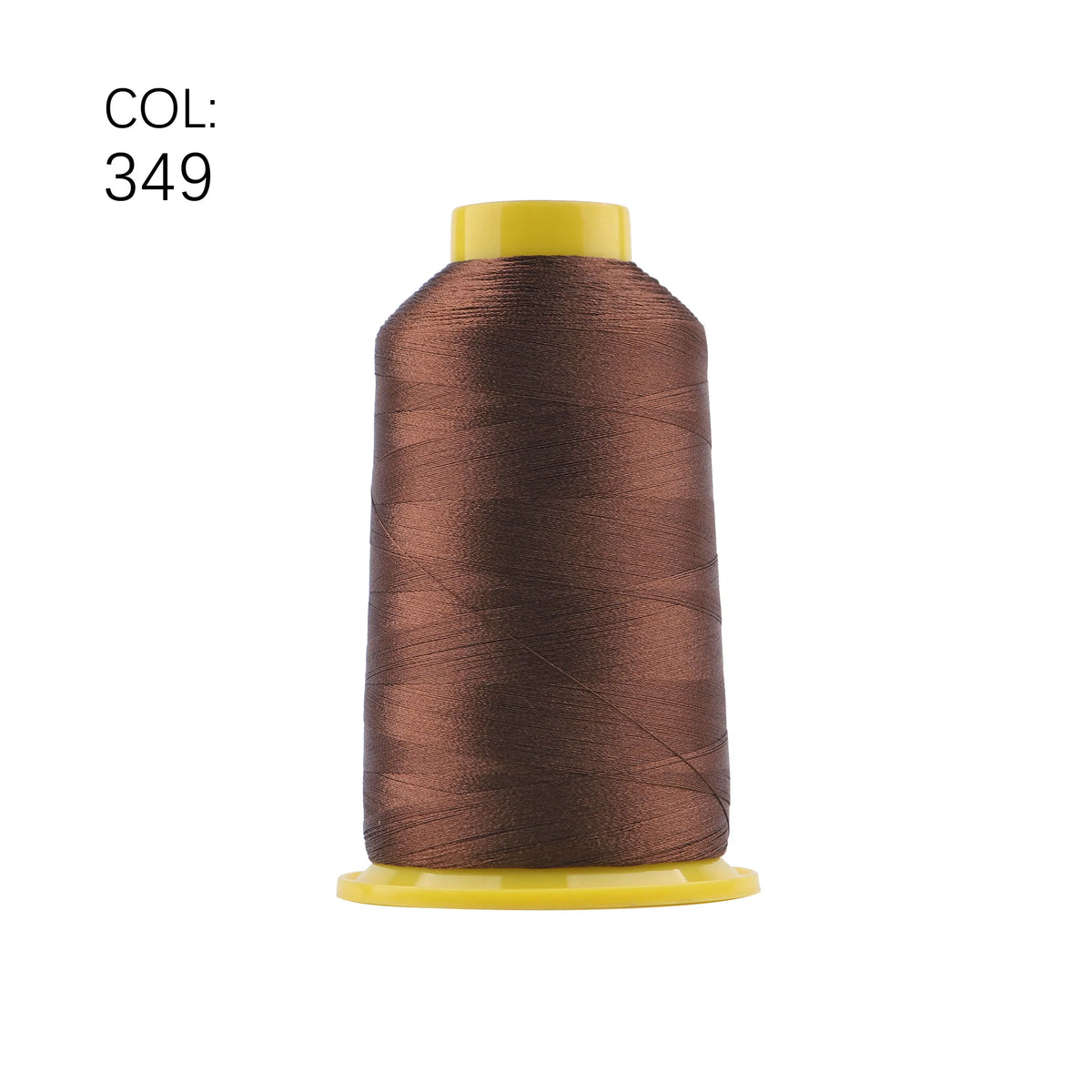 A spool of dark brown embroidery thread with a yellow core.