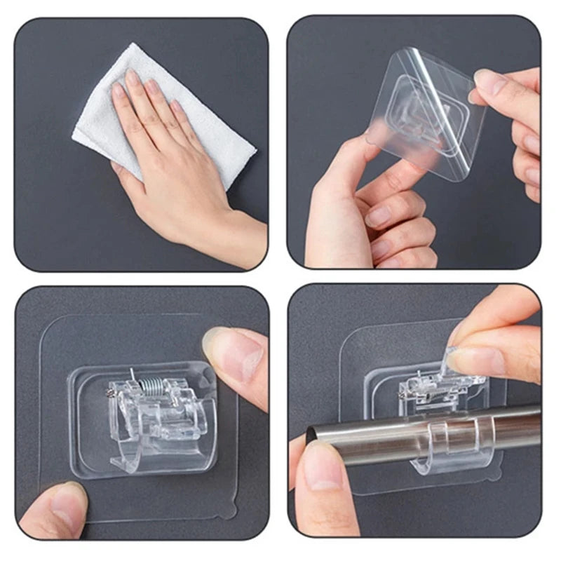 Close-up images showing the use of nail-free adjustable curtain rod hooks for hanging items.