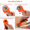 Instructions for using a precision rotary cutting kit with 6 blades, showing steps to unlock and secure the blade.
