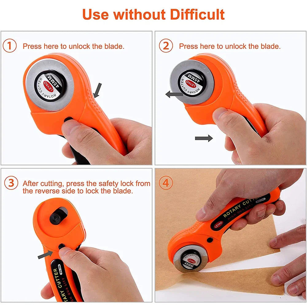 Instructions for using a precision rotary cutting kit with 6 blades, showing steps to unlock and secure the blade.