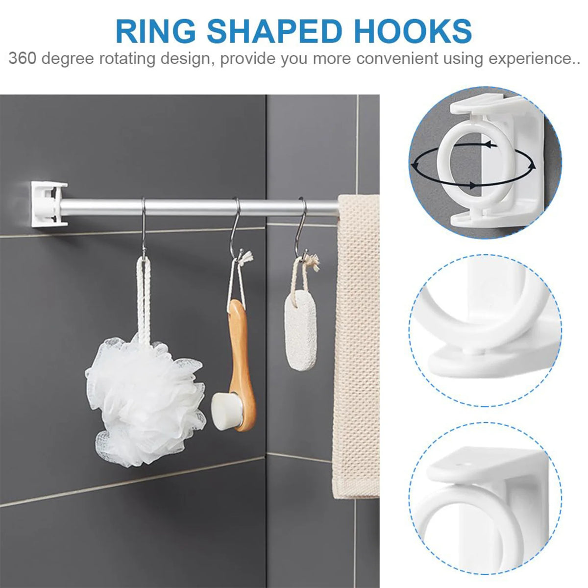 Ring shaped hooks hanging white fabric on a silver rod against a gray wall