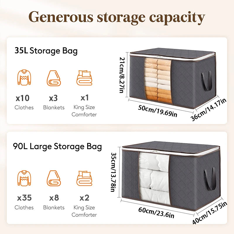 Comparison of 35L and 90L storage bags showing various items like clothes blankets and a comforter.