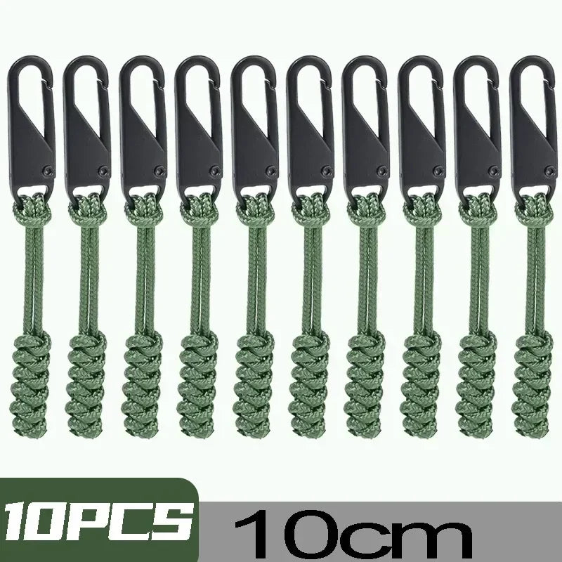 Ten detachable zipper pull sliders in a dark gray color, measuring 10cm long.