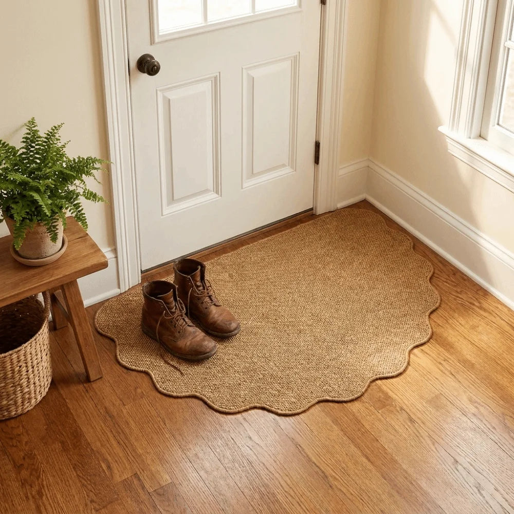 A pair of brown leather boots rests on a natural jute entrance door mat near a white paneled door.