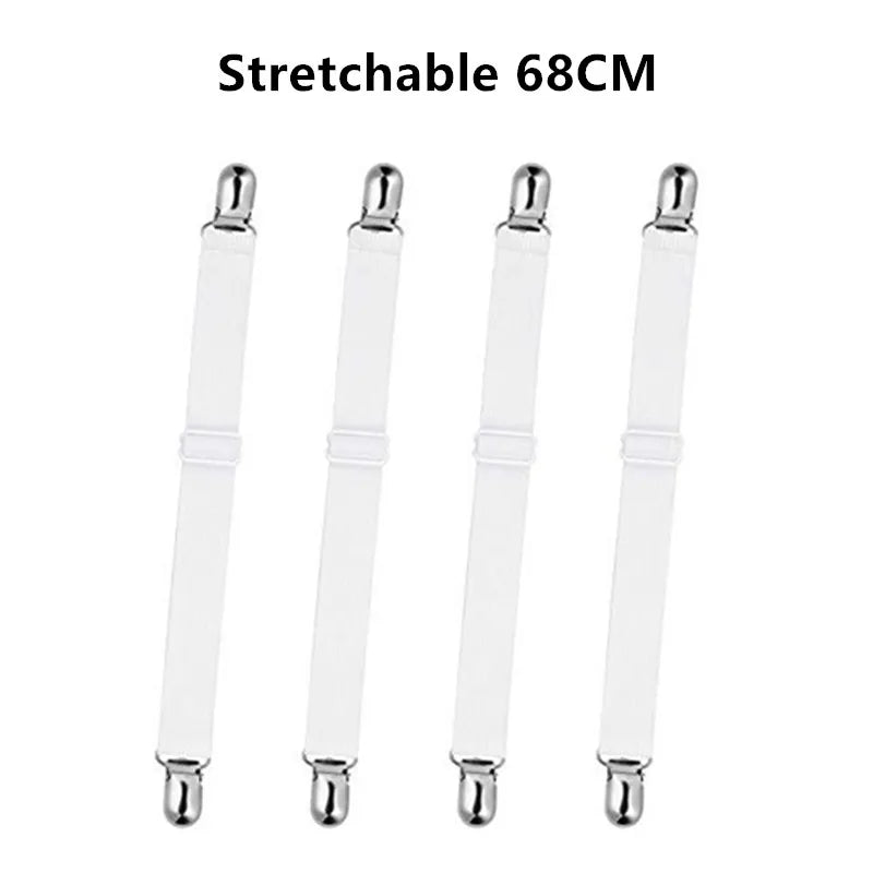 Four clear stretchable bed sheet corner straps measuring 68cm