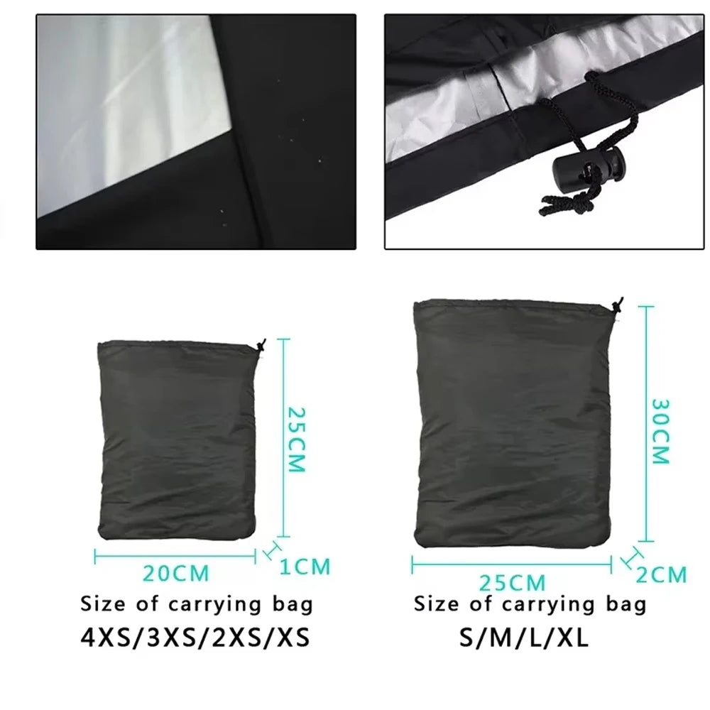 Various sizes of heavy duty waterproof BBQ grill covers shown with close-ups and dimensions.