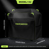 Black heavy-duty BBQ grill cover model 132 with reflective protection and dimensions shown.