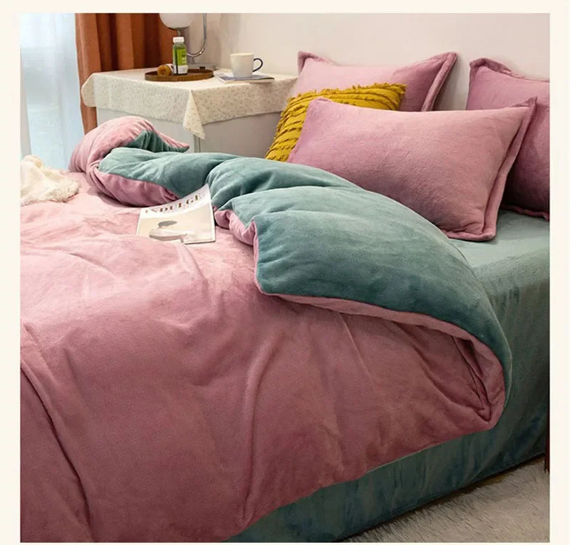 A luxurious flannel duvet cover set in shades of pink, teal, and mustard yellow is displayed on a bed.