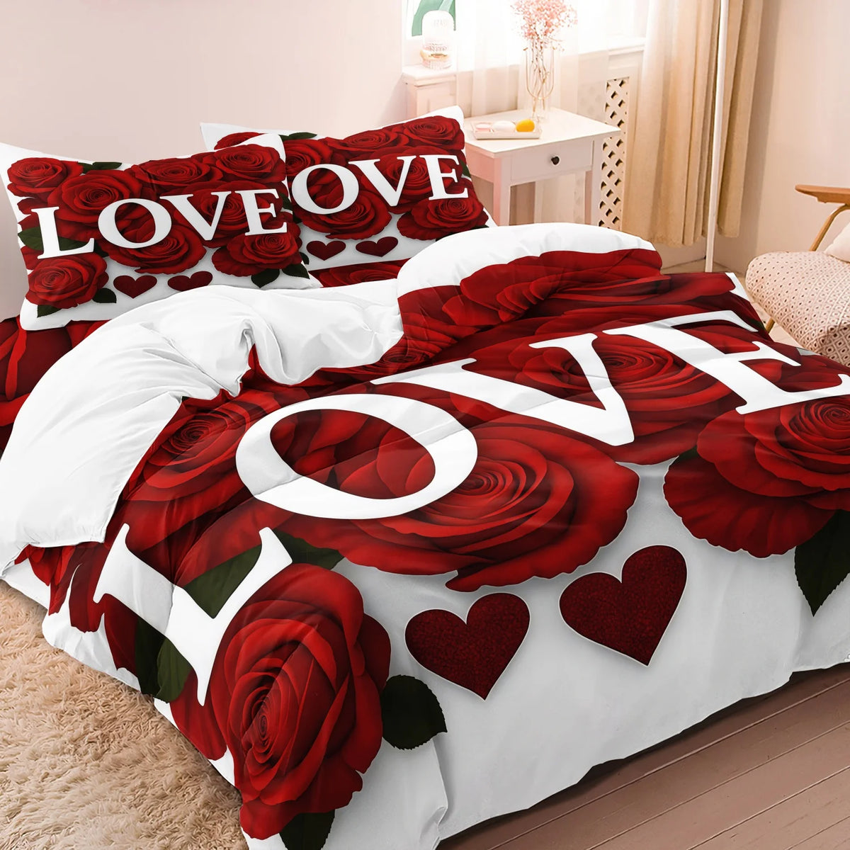 A red rose floral bedding set featuring the words LOVE LOVE and heart designs on a white duvet cover.