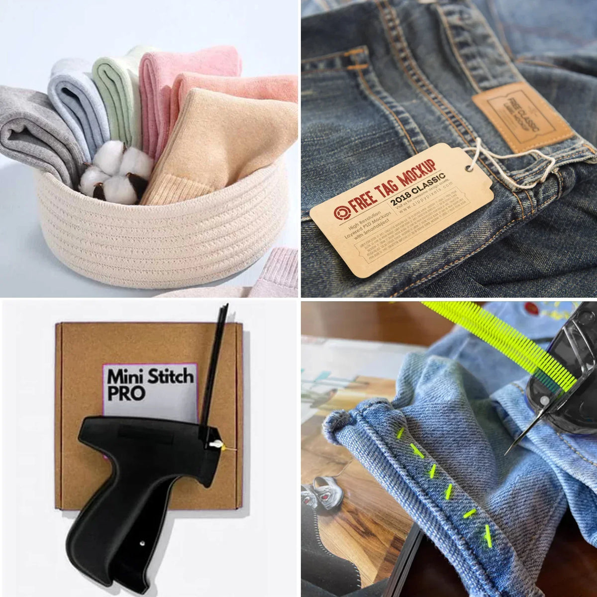 A set of beige and pink knitted fabric scraps in a bowl next to a denim jean with a free tag mockup.