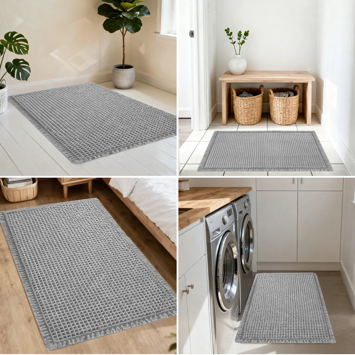 A collection of gray waffle design non-slip bathroom mats shown in various contexts.