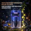 A blue UV mosquito killer lamp trap is shown against a dark, leafy background with glowing lights.
