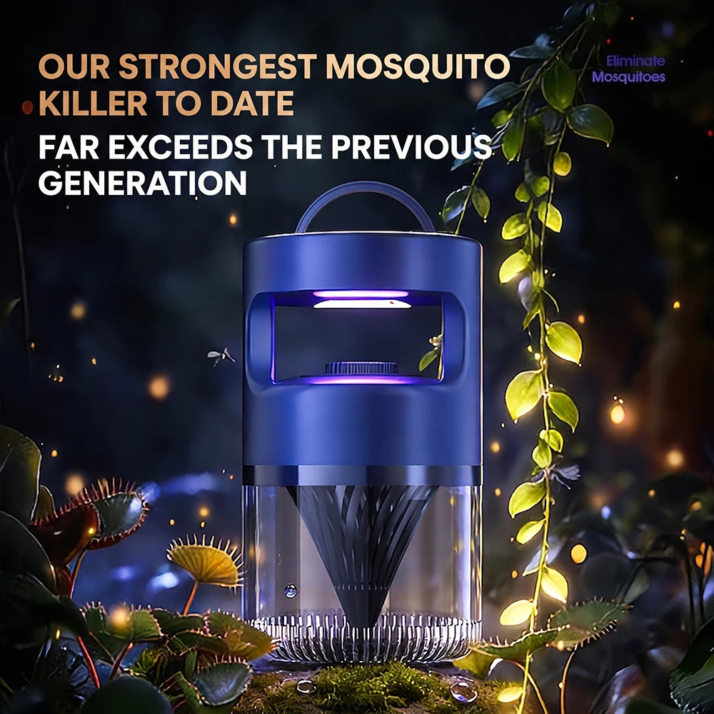 A blue UV mosquito killer lamp trap is shown against a dark, leafy background with glowing lights.