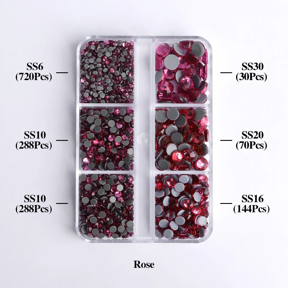 A clear plastic tray containing various sizes of rose-colored glass rhinestones categorized by SS6, SS30, SS10, SS20, and SS1