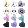 A collection of metal heart-shaped phone charm connectors in various colors including gold, silver, purple, pink, and black.