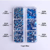 A clear plastic tray containing various sizes of Capri Blue glass rhinestones categorized by SS6, SS10, SS20, and SS30.