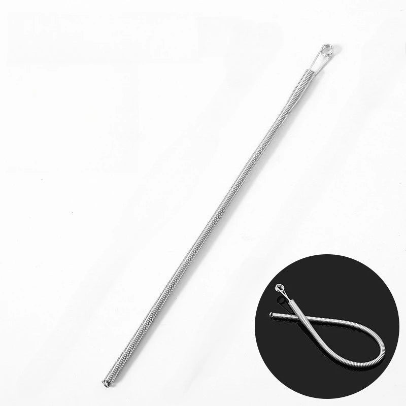 A silver drawstring threader tool with a long metal rod and a loop end is shown against a white background.