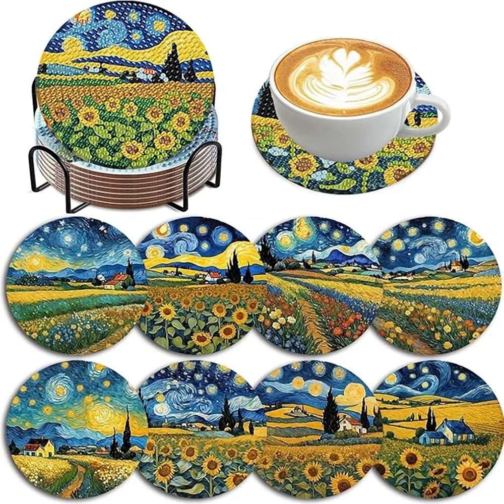 A set of colorful DIY diamond painting coasters featuring landscapes and floral patterns.