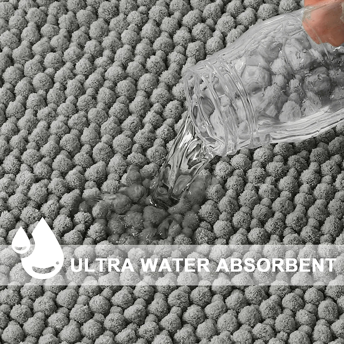 A clear bottle of ultra water absorbent liquid is being poured onto a gray pet door mat.