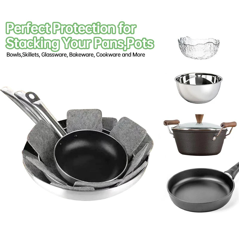 Reusable felt pot protectors for kitchen storage showing various cookware and bowls.