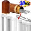 A set of stainless steel sewing needles and a wooden bobbin shown next to a silver needle holder.