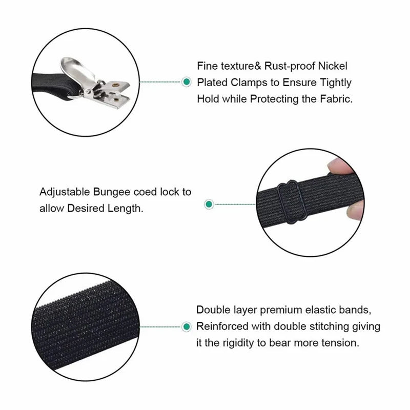 Close-up view of adjustable bed sheet corner straps showing fine texture, rust-proof nickel-plated clamps, and bungee cords.